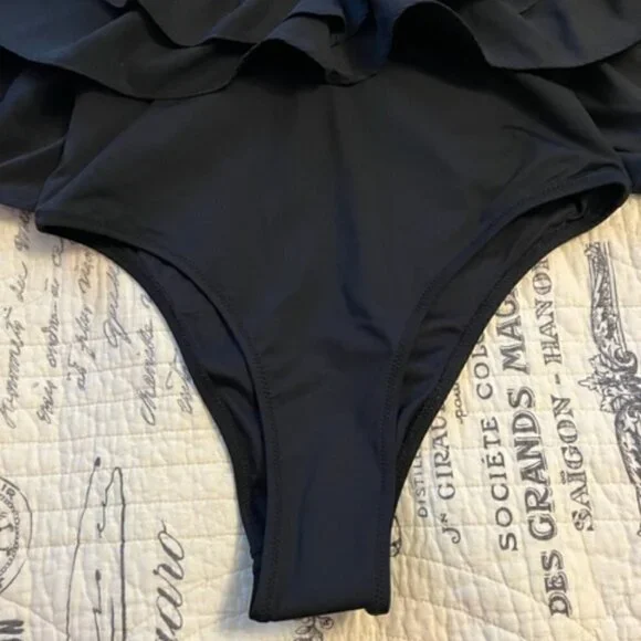 ZARA Fashion Maxi Ruffle V Neck Black Swimsuit Size S Bloggers Fave Holiday NWT - Picture 8 of 12